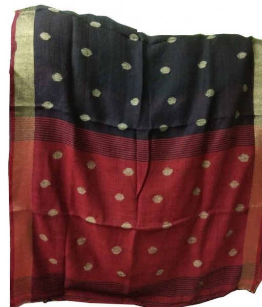 Black &amp; Red Ball Buti Linen Saree